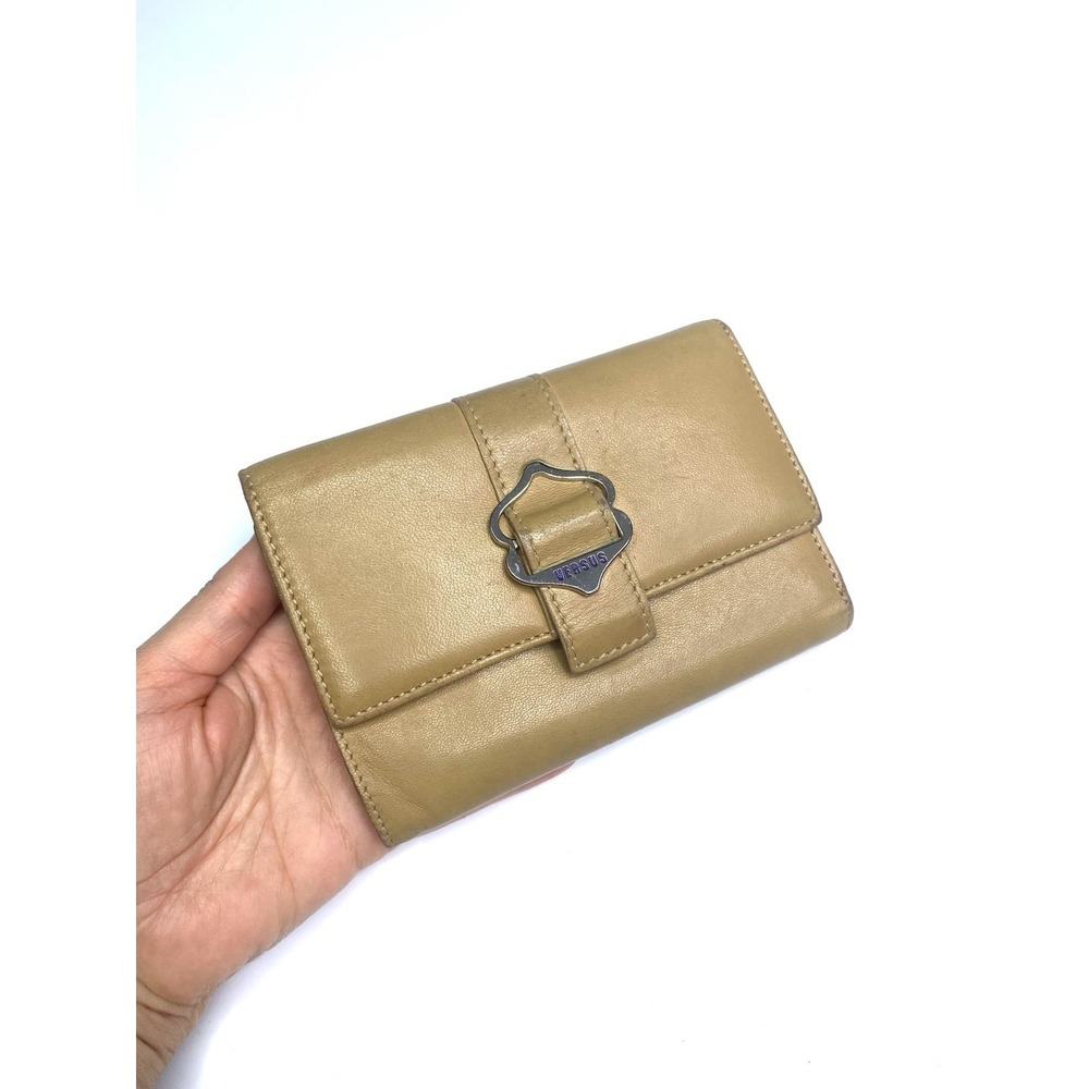 Versus by Versace Women's Beige Brown Wallet Silver Buckle Trifold Leather Y2K - Picture 2 of 13